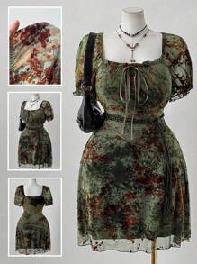 Sunspun 大码 A 字短袖网眼植绒拼接连衣裙 - 彩色 - 查看 1