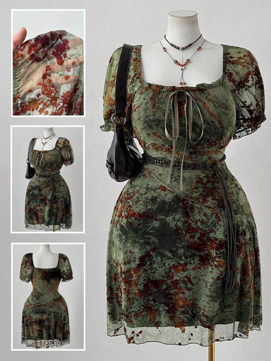 Sunspun 大码 A 字短袖网眼植绒拼接连衣裙 - 彩色 - 查看 1