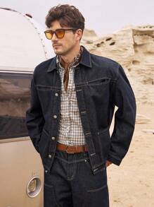 Manfinity Homme 男士牛仔夹克，修身款，长袖，四季皆宜，秋季 - 黑色 - 查看 1