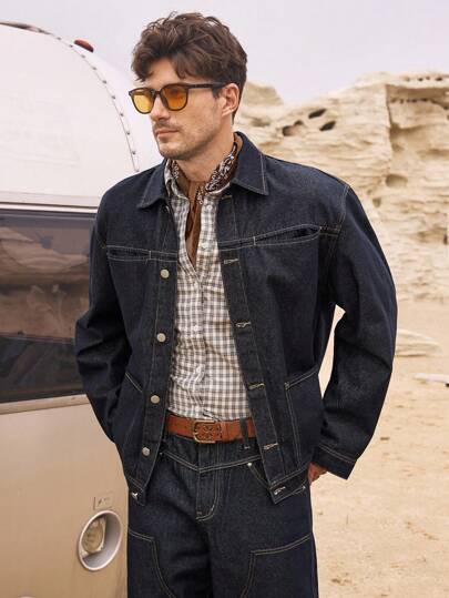 Manfinity Homme Men's Denim Jacket, Slim Fit, Long Sleeve, All Season, Fall