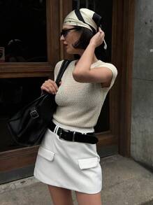 DAZY Blusa de punto de manga corta y unicolor casual para mujer, verano