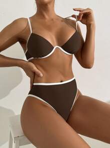 Swim Basics 2pcs/Set New Brown Steel Bra Strappy Back Tie Bow Elegant Sexy Bikini Swimsuit For Women For Summer Beach Vacation