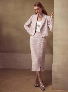 MOTF PREMIUM 粗花呢面料仿珍珠链条开衩优雅休闲日常女裙 - 紫色 - 查看 6