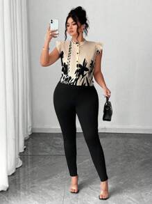 Elenzga Conjunto de 2 piezas de blusa estampada y pantalones ajustados para mujer de talla grande, atuendo elegante de oficina - Albaricoque - Ver 5