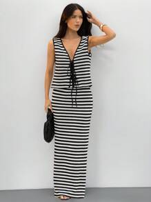 SHEIN SXY 2pcs Casual Black & White Striped Print V-Neck Tank Top And Mini Skirt Set Striped Maxi Dress Long Dress Summer Women Black And White Striped Dress Summer Maxi Dress,Vacation Outfits Woman,Beach Outfits For Woman,Going Out Tops Women,Sexy Outfits For Women,Boho Clothes Women,Tie Front Top