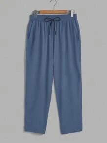 Manfinity Homme 男士夏季休闲撞色滚边短袖衬衫和抽绳腰长裤套装，秋季服装，舒适服装 - 藍色 - 查看 4