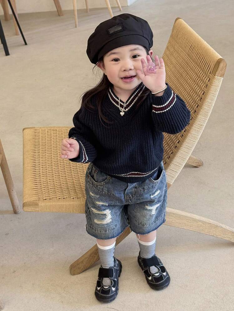 Baby Girl V-Neck Colorblock Long Sleeve Knit Sweater Fall, Winter Toddler Girls Clothes