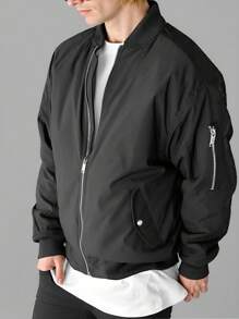 Manfinity Homme Áo khoác gió ngoài trời màu trơn đa năng cho nam Áo khoác đen có khóa kéo cho nam Áo khoác thường ngày cho nam, Mùa thu - màu đen - Xem 3