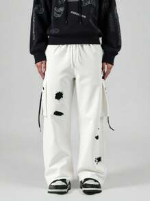 Manfinity EMRG Men's Drawstring Waist Cargo Pockets Wide Leg Loose Casual Pants, Fall - White - View 6