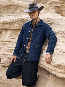 Manfinity Homme Casual Dark Washed Blue Loose Fit Denim Jacket With Large Pockets, Spring/Summer