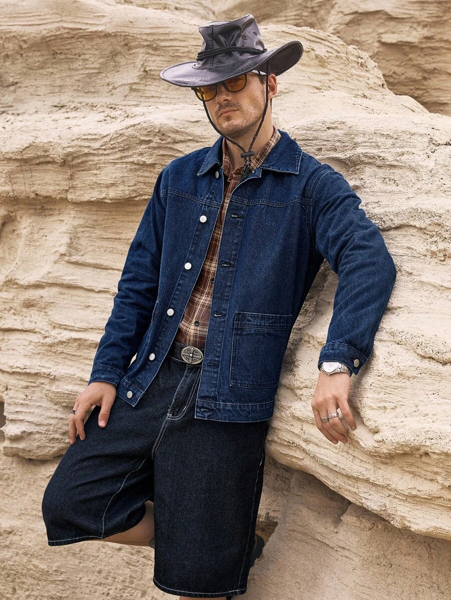 Manfinity Homme Casual Dark Washed Blue Loose Fit Denim Jacket With Large Pockets, Spring/Summer