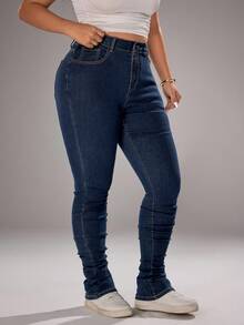 SHEIN ICON Plus Size Casual Vacation Washed Denim Jeans - Dusty Blue - View 4