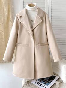 SHEIN Serisse Kids Tween Girls Classic Lapel Button Pocket Mid-Length Overcoat, Suitable For Weekend, Casual Outing, Back To School, Autumn/Winter, Girls Overcoat, Girl Coat, Tween Coat, Girls Winter Coat Fall - Khaki - View 2