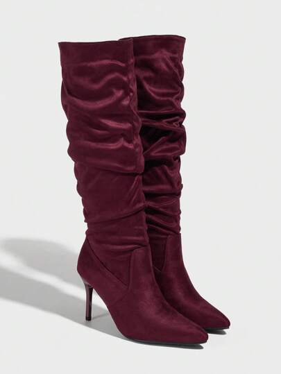 Daringsoles Botas de tacón de aguja de punta fina y sexy para fiesta por encima de la rodilla para mujeres, de tela con pliegues, color rojo vino, para otoño/invierno