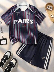 Explorewe 2pcs/Set Tween Boys' Football Graphic Polo T-Shirt & Loose Sports Shorts,Navy Blue,Summer,Casual,School,Back-To-School Fashionable Outfit For Kids - Multicolor - View 4