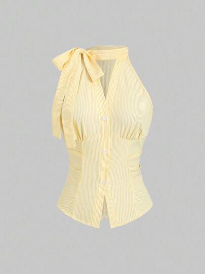 Sweetra Blusa de mujer de nueva llegada sin mangas con lazo en la cintura y rayas ajustada