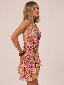 MUSERA 超低胸露背印花荷叶边迷你连衣裙，夏季伊比沙岛穿搭，Y2K酷女孩音乐节锐舞装扮，度假夜店可爱晚装 - 彩色 - 查看 5