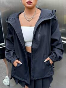 SHEIN EZwear 織織凈色高領連帽衝鋒夾克外套 - 黑色 - 查看 4