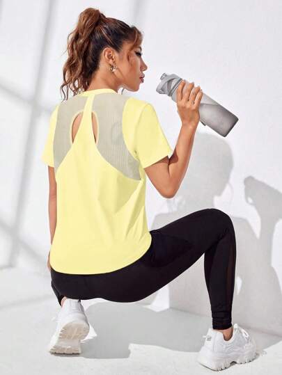 SHEIN Sovereign Charm Damska koszulka fitness z krótkim rękawem i odsłoniętym tyłem w jednolitym kolorze, do codziennego noszenia