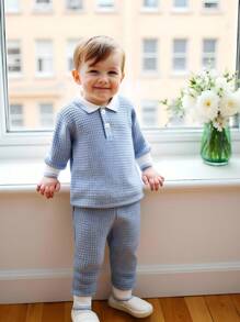 SHEIN 2 件套男婴 Polo 领罗纹针织提花开襟上衣和长裤套装，休闲时尚，适合秋季 - 藍色 - 查看 3