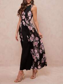 Amorya Women's Summer Elegant Floral Printed Splice High Slit Sleeveless Jumpsuit Fall/Winter Women Clothes Back To School Modest Vintage Old Money Teacher Outfits For Women Airport