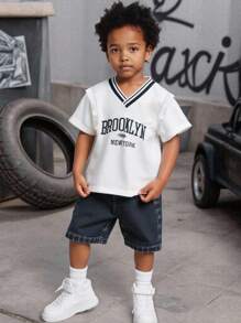 Conjunto de chaleco bordado con letras y pantalones cortos para niño pequeño - Albaricoque - Ver 3