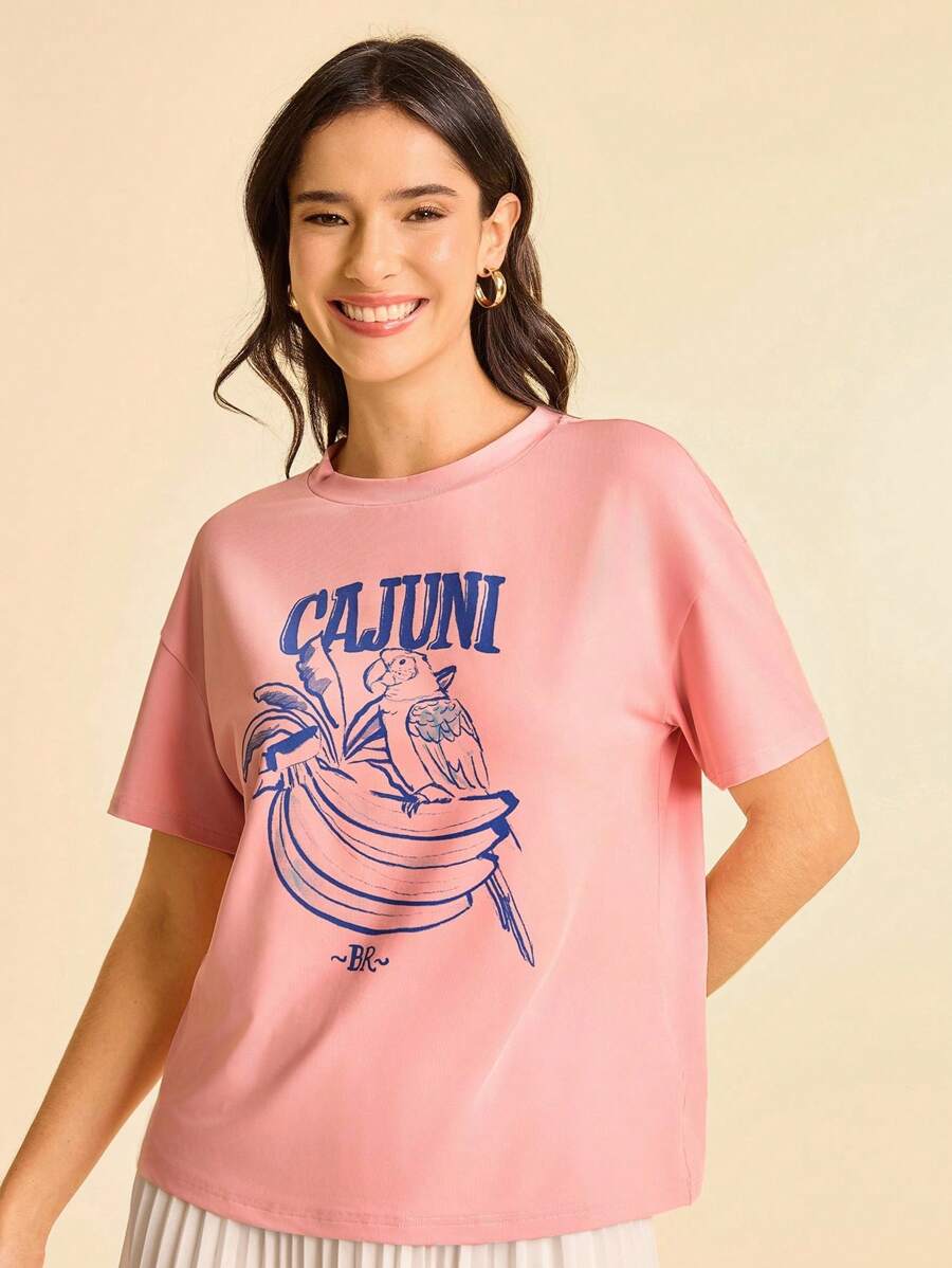 CAJUNI 女式粉色鹦鹉字母印花休闲宽松T恤，夏季基本款上衣/秋季服装 - 棕色 - 查看 1