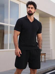 DAZY Men's Knitted Black Polo Shirt Set, Spring/Summer - Black - View 3