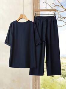 EMERY ROSE Plus Size Women's Summer Solid Color Notched V-Neck Rolled Sleeve Shirt And Wide Leg Pants Loose Casual Two-Piece Set - Navy Blue - View 2