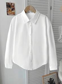 SHEIN Serisse Kids بلوزة بيضاء فضفاضة للبنات المراهقات، طويلة الأكمام، ياقة مفرودة، فتحة خلفية، مناسبة للارتداء اليومي والعودة للمدرسة - أبيض - مشاهدة 3