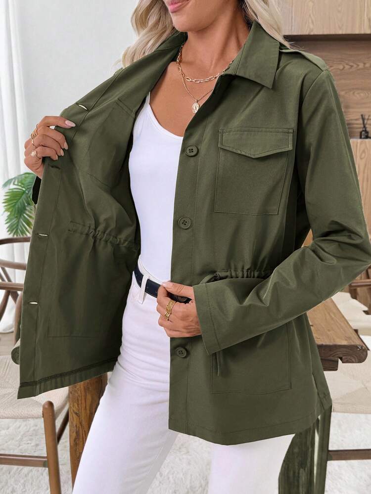 Women's Solid Color Long Sleeve Drawstring Waist Single-Breasted Casual Trench Coat Green Jacket Women Women Green Blazer Green Utility Jacket Winter Clothes For Women Winter Jacket Winter Coat Winter Coat Women Winter Clothes Women Winter Clothes For Women