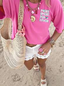 DrmWander 女士休闲标语和心形印花圆领落肩短袖 T 恤，夏季 - 玫紅色 - 查看 2