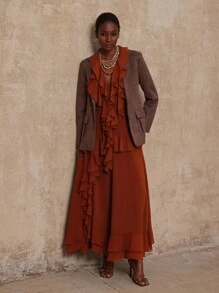 Lumalex VITNOS Thu/Đông Cao cấp mới Bohemian Vintage thanh lịch cà phê voan dài tay nhiều lớp nhún bèo eo không đối xứng viền váy dài cho nữ, thích hợp cho buổi hòa nhạc, hẹn hò, đám cưới, tiệc tùng, sinh nhật, kỳ nghỉ - Rỉ Nâu - Xem 5