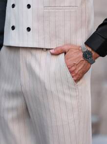 Manfinity Bizformal 2 件男士休闲商务条纹披肩领背心和西装裤套装 - 卡其色 - 查看 5