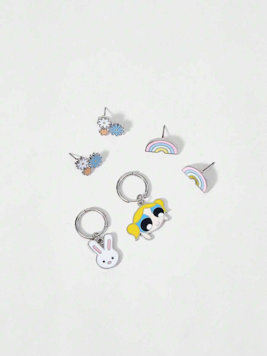 THE POWERPUFF GIRLS X SHEIN 女士可爱卡通泡泡图案吊坠耳环 - 銀色 - 查看 1