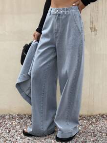 DAZY 女式休闲水洗牛仔裙裤两件套秋冬 - 藍色 - 查看 6