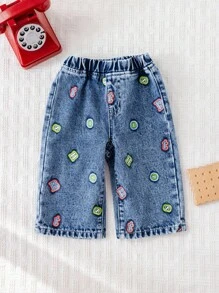 Cozy Pixies 婴幼儿男女款松紧腰休闲牛仔字母印花阔腿裤，舒适百搭，秋冬 - 藍色 - 查看 1