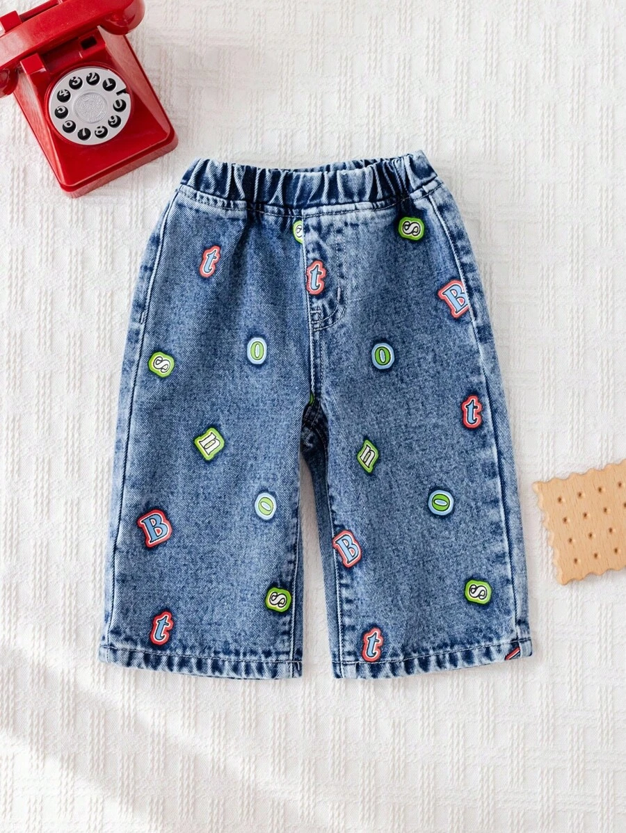 Cozy Pixies 婴幼儿男女款松紧腰休闲牛仔字母印花阔腿裤，舒适百搭，秋冬 - 藍色 - 查看 1