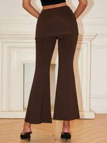 Chiquease Pantalones de falda acampanada de 2 en 1 de cintura baja de punto retro para mujer, leggings de punto de alta elasticidad estilo Maillard casual para primavera y otoño - Marrón - Ver 2