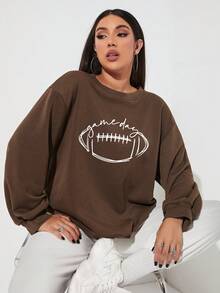 SHEIN EZwear 字母&美式足球圖案落肩袖運動衫不帶襯衫 - 棕色 - 查看 1