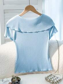 SHEIN CURVE+ 女式加大码夏季扭纹设计纽扣前短袖休闲上衣 - 藍色 - 查看 2