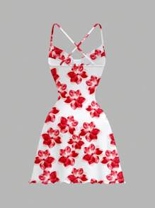 SHEIN MOD Casual Red Floral Print Pattern Spaghetti Strap Short Dress, Suitable For Summer Vacation Suitable For Going Out Chic Dress