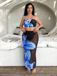 Slaysola Set de 3 piezas de traje de baño de tallas grandes con estampados de leopardo y flores tropicales