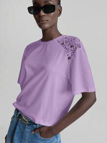 Ontre T-shirt à manches courtes avec col rond en patchwork de dentelle pour femmes, tenue de bureau décontractée urbaine, tenue de bureau formelle pour femmes, pour enseignante, robe d'invitée de mariage, Top de base élégant pour femmes, vêtement d'extérieur