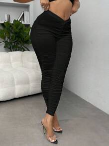 SHEIN SXY Quần dài thường ngày xếp ly màu trơn cỡ lớn dành cho nữ, mặc hàng ngày - màu đen - Xem 4