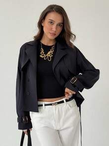 Aloruh Damen Einfarbiger Kragen Raglan Ärmel Doppelreiher Lässig Trenchcoat für Herbst/Winter