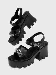 Sugerpunk Women's Elegant Fashion Casual Round Toe Chunky Heel Gothic Punk Buckle Design High Heel Sandals, Suitable For Party, Daily Wear, Evening Dress, Height Increasing And Leg Lengthening, Comfortable Versatile Women High Heels - Black - View 5