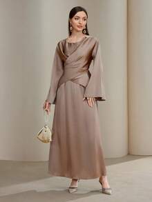 Veilorie Women's Elegant Solid Color Wrap Around Dress - Mocha Brown - View 5