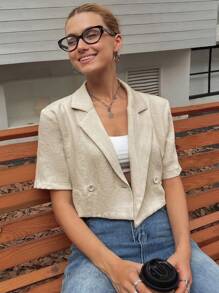 DAZY Blazer corto de unicolor casual para mujer, atuendo de negocios de verano - Beis - Ver 2