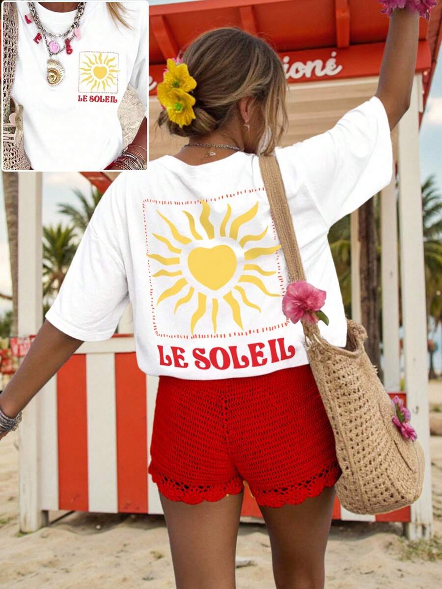 DrmWander 女式休闲图案 T 恤，街头风格，全白配红色点缀，短袖，可爱夏季上衣，度假氛围